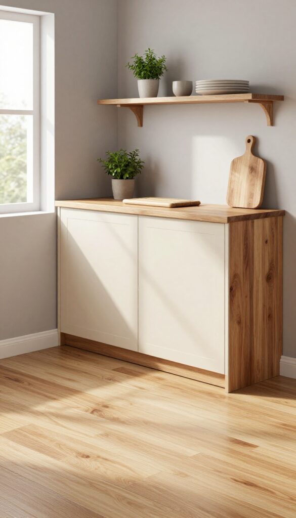 Cozy kitchen with warm wood accents, oak countertops, walnut shelves, natural light.