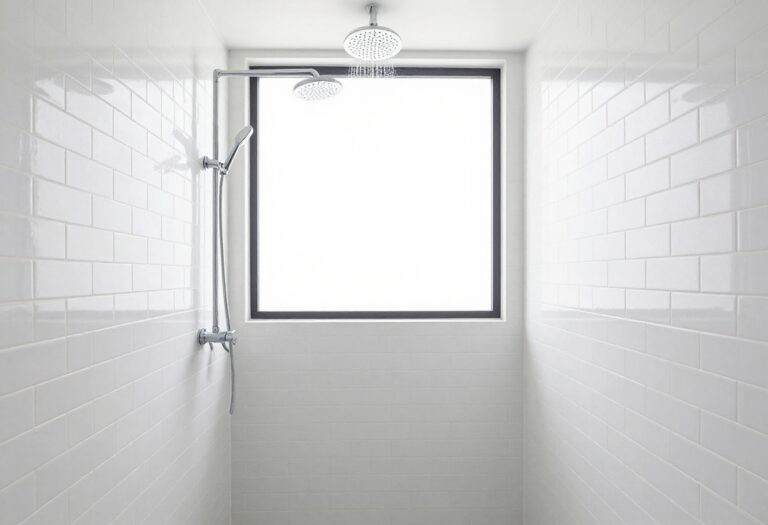 Bright bathroom shower with vertical white subway tiles and rainfall showerhead