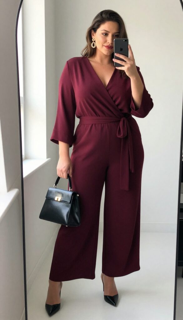 Plus-size woman in a flowing jumpsuit with a waist tie, posing in a mirror selfie, wearing heels and statement earrings, holding a structured mini bag, bright natural light.