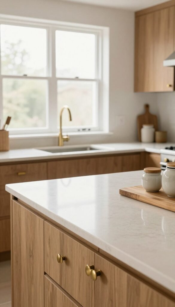 Small kitchen with creamy quartz countertop, brass accents, and wooden cutting board in natural light.