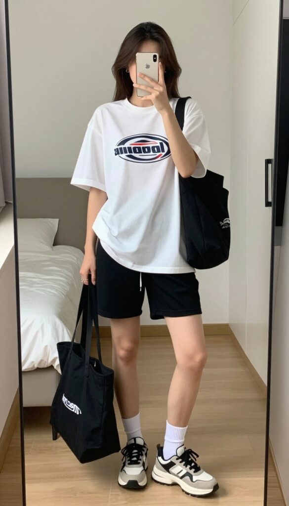 Woman in sweat shorts and graphic tee taking a mirror selfie, partially covering her face with her phone.