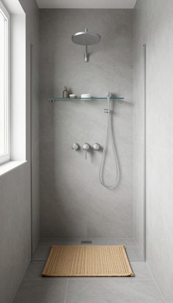 A small standing shower in a tight corner with monochromatic gray tones and varied textures like matte and glossy tiles, woven bath mat, and ribbed glass shelves.