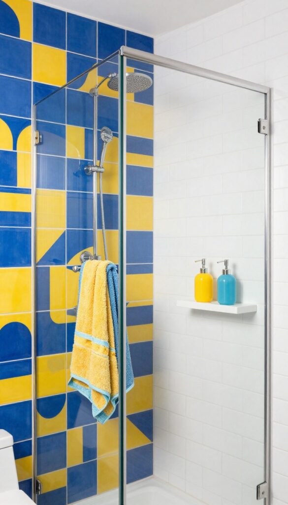 A modern bathroom shower with vibrant blue and yellow accent tiles, neutral white background, and matching accessories, showcasing a playful and creative design for Bloxburg-inspired spaces.
