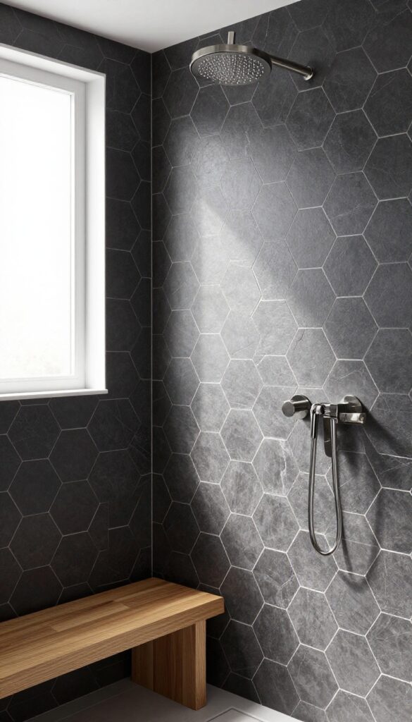 Dark grey large hexagon shower tile with light grout