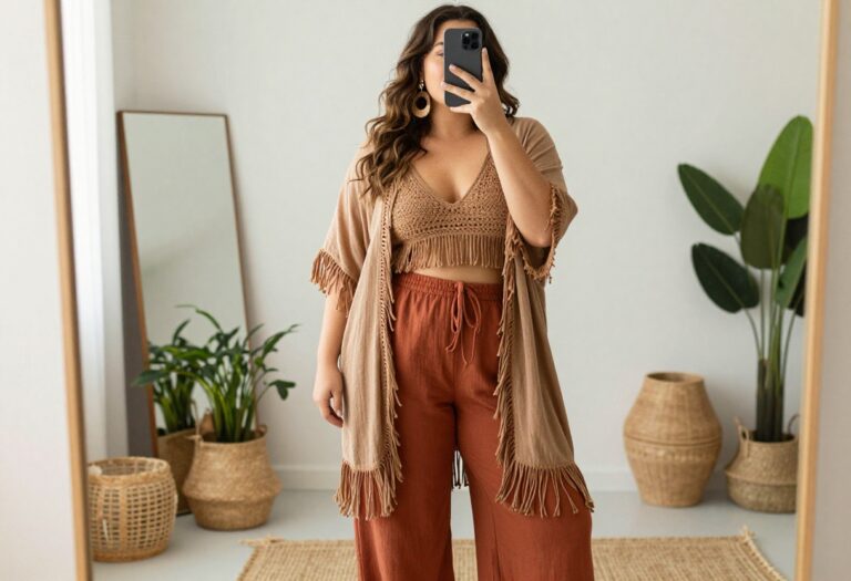 Plus-size model in boho outfit taking a mirror selfie, wearing wide-leg trousers and crochet top with layered accessories.