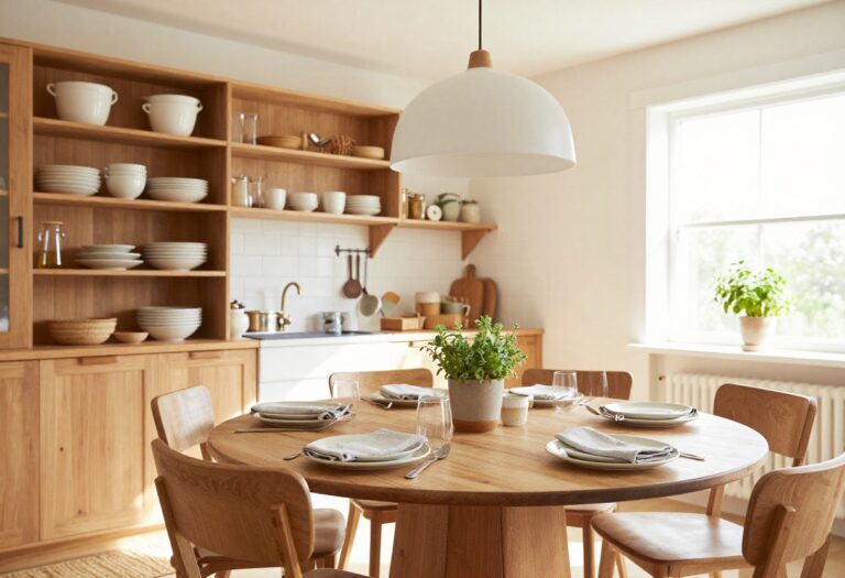 Cozy kitchen-dining room with warm wood accents, pendant lighting, open shelving, and a small round table set for a meal.