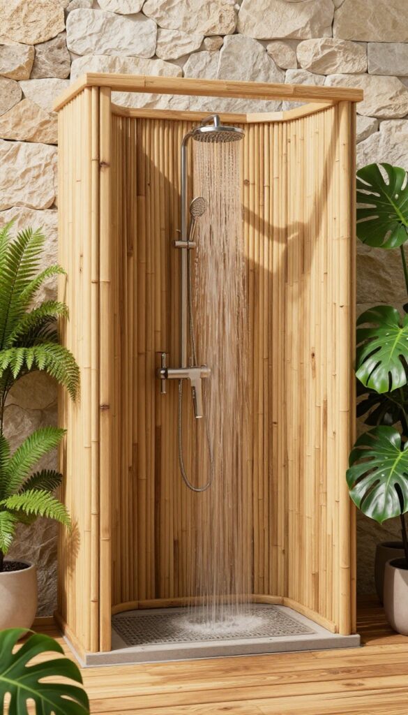 Outdoor pool shower with bamboo enclosure, teak flooring, and tropical plants.