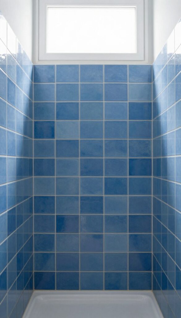 A shower stall with monochromatic blue tiles in varying shades and textures, creating a calming and designed aesthetic under natural light.
