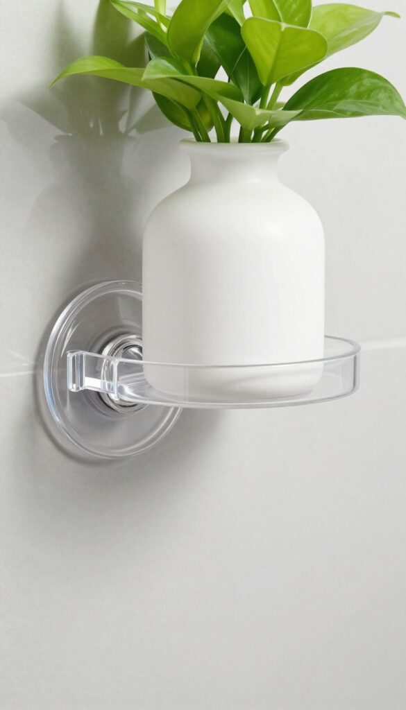Clear acrylic suction cup shelf on glass shower door with bottle and plant