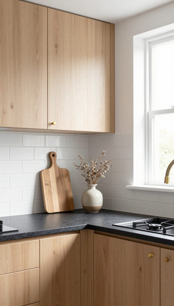 Small kitchen with dark soapstone countertops, light wood cabinets, and warm brass accents in natural light.