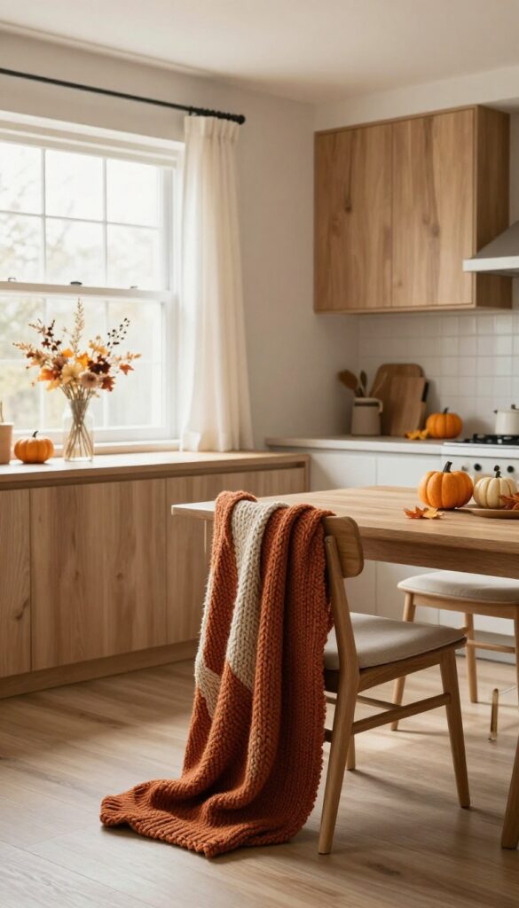 Cozy kitchen breakfast nook with a plush throw draped over a chair, warm fall decor, natural light.