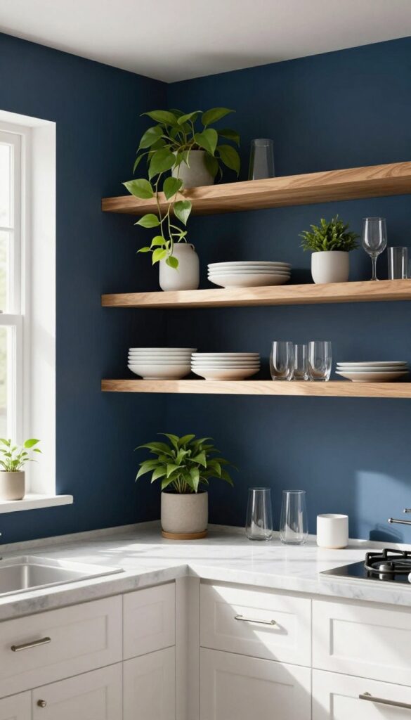 Open shelving on a navy accent wall with white dishes and plants in a bright kitchen