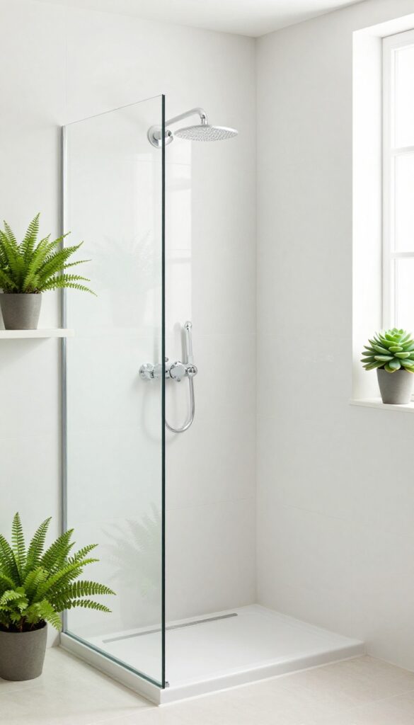 A walk-in shower with plants for a fresh, organic feel, including a fern on a shelf and succulents on a windowsill in bright natural light.