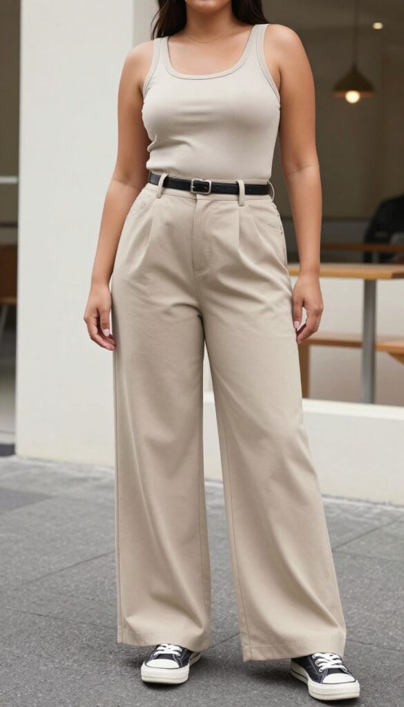 A plus-size woman wearing high-waisted wide-leg pants and a fitted tank top in a casual, stylish outfit, styled with minimal accessories and sandals, set in a bright urban outdoor environment.