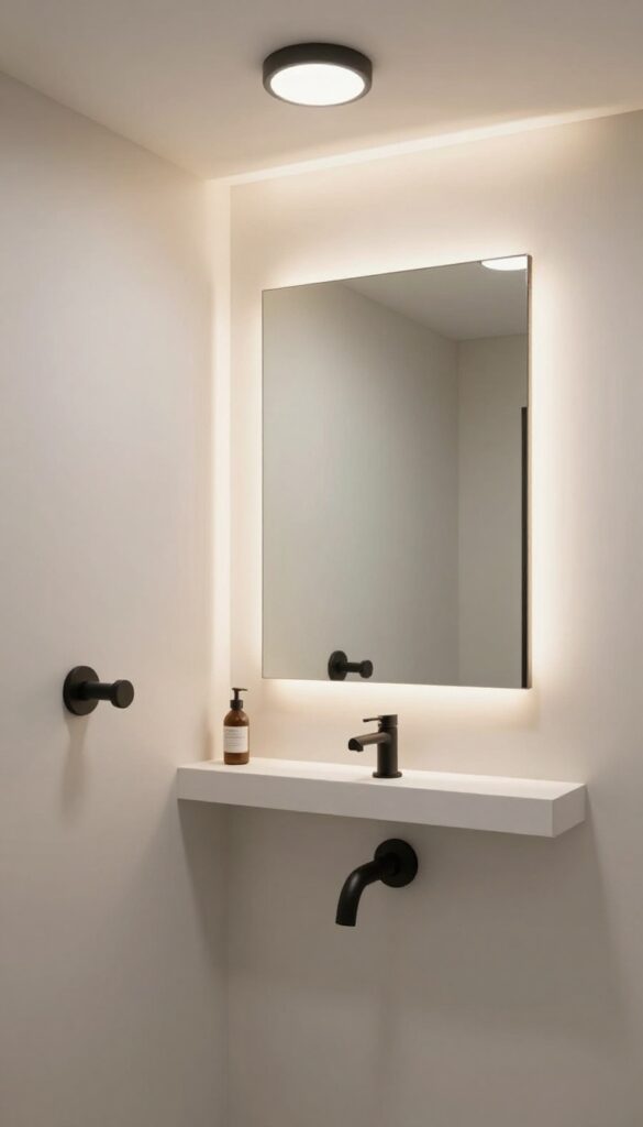 A modern bathroom shower with layered lighting including overhead light, wall sconces, and LED strips for ambiance and function.
