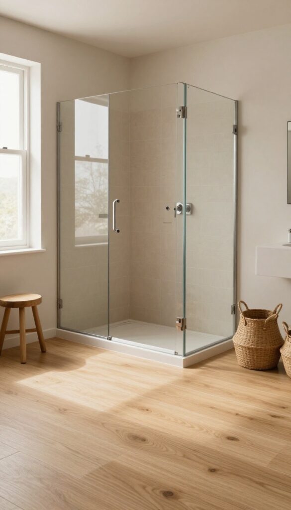 Walk-in shower with wood-effect porcelain tiles on the floor, showcasing a cozy and inviting bathroom design with natural light and neutral decor.