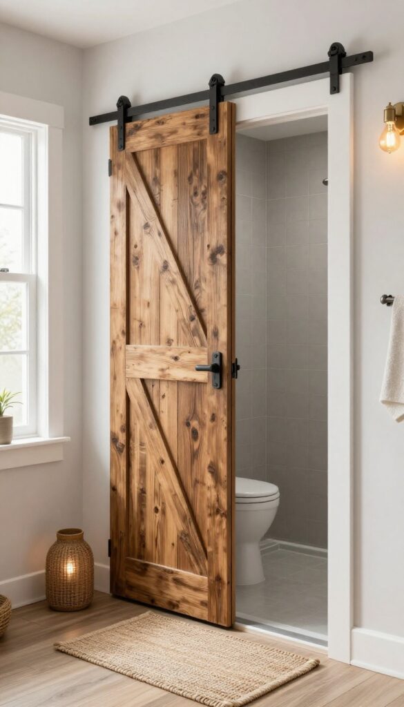 A rustic sliding barn door in a bright bathroom with natural light, showcasing weathered wood and metal hardware for a cozy, space-saving shower entrance.