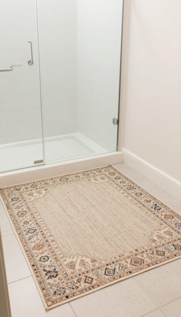 Layered rugs in a bathroom for comfort and color outside a no-glass shower