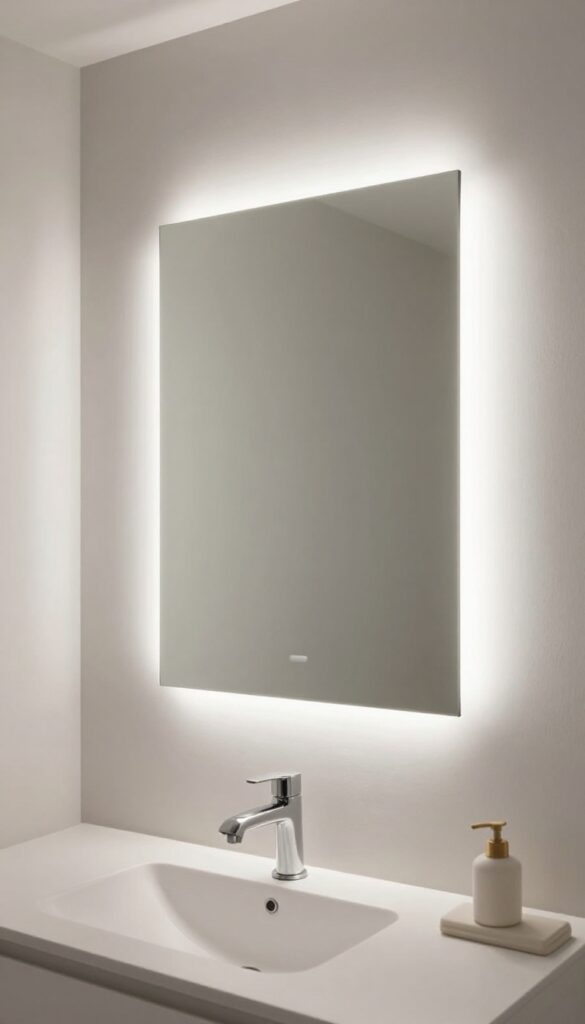 A modern bathroom vanity with a frameless backlit mirror emitting soft glow lighting for flattering illumination.