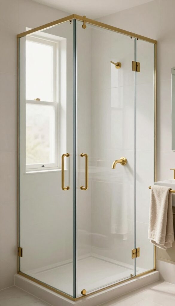 Glass shower door with brass hardware in a bright bathroom, showcasing warm, luxurious vibes with natural light and clean design.