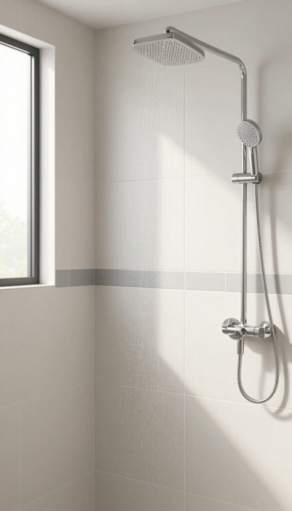 Modern shower with vertical white subway tiles and horizontal gray accent band