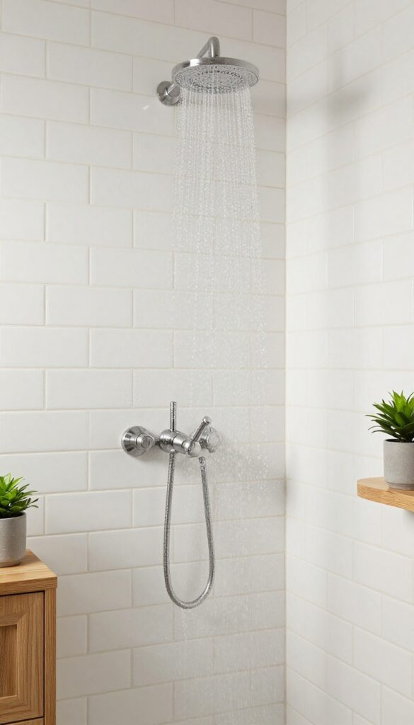 A modern bathroom shower with large-format subway tiles in a classic style, showcasing subtle textures and bright natural lighting.