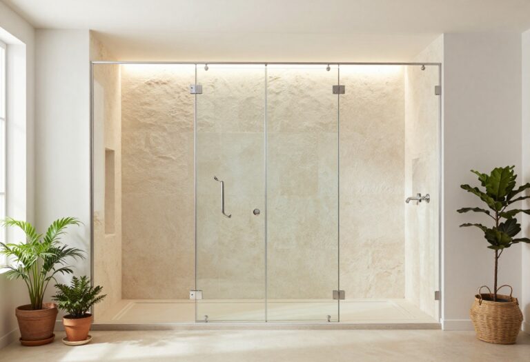 Modern walk-in shower with textured stone walls and frameless glass in a bright, open bathroom.