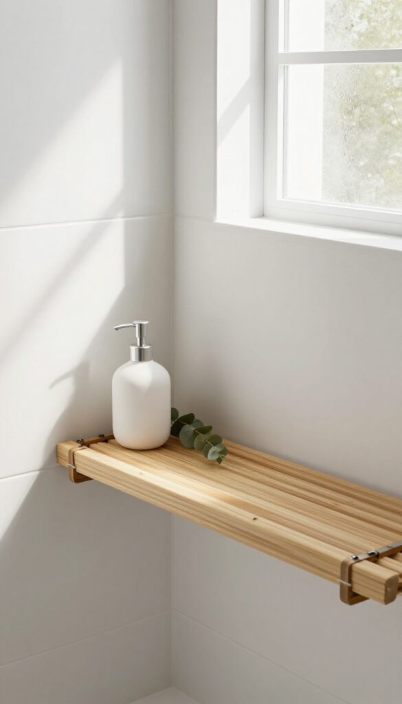 Foldable bamboo bench in a small shower, folded down with soap dispenser and eucalyptus