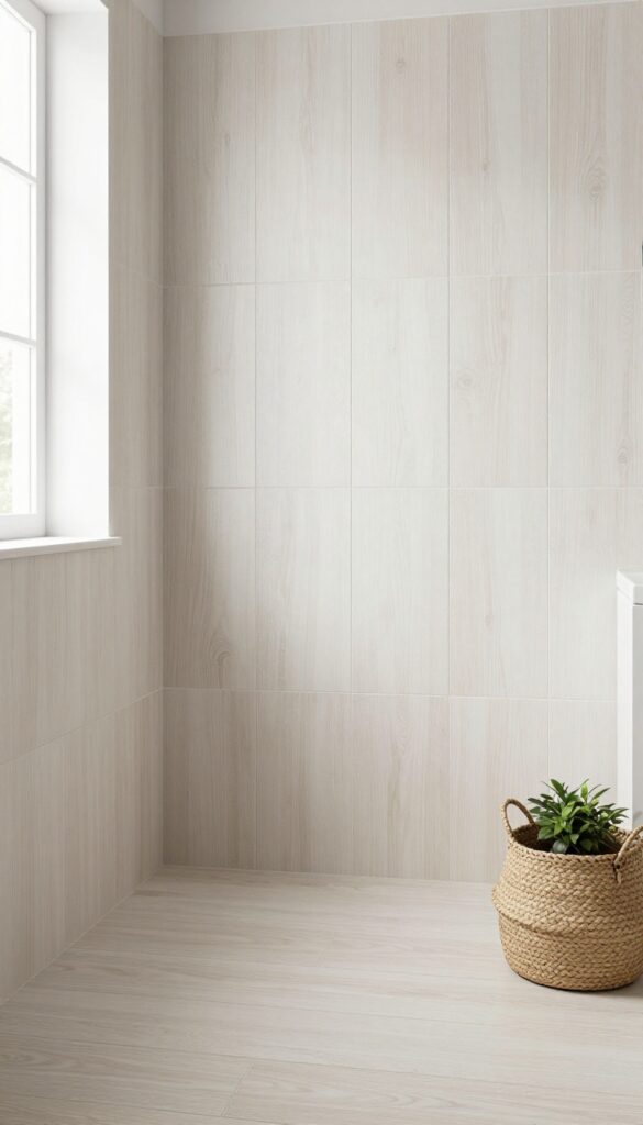Shower stall with wood-look porcelain tiles in a rustic bathroom, featuring natural grain texture under bright light, with neutral tones and greenery for a warm, inviting atmosphere.