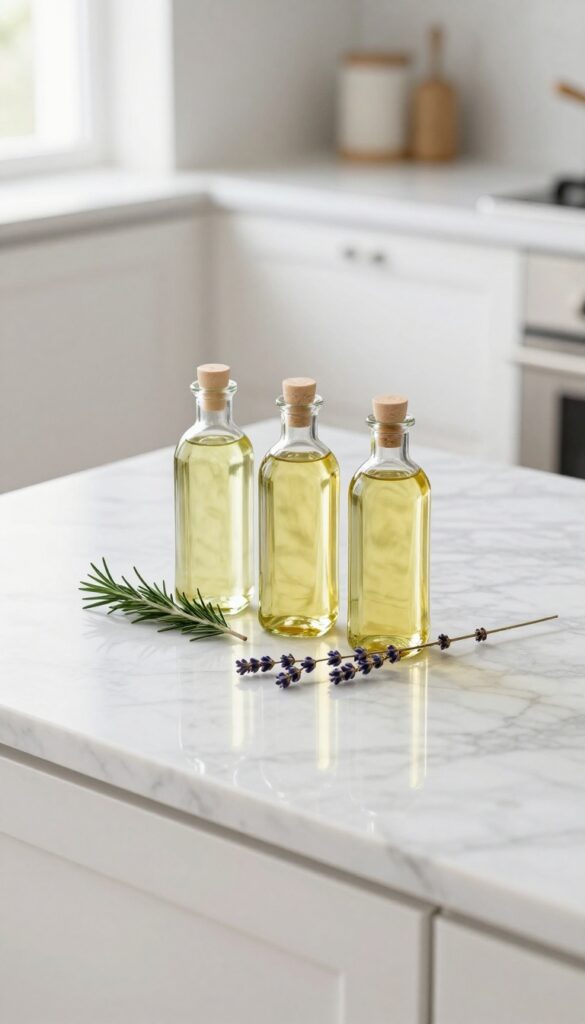 Marble slab tray with clear glass oil bottles and rosemary sprig on a kitchen countertop.