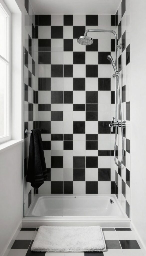 A modern bathroom shower featuring black and white checkerboard tiles in a bold graphic pattern, with bright natural lighting and simple chrome fixtures.