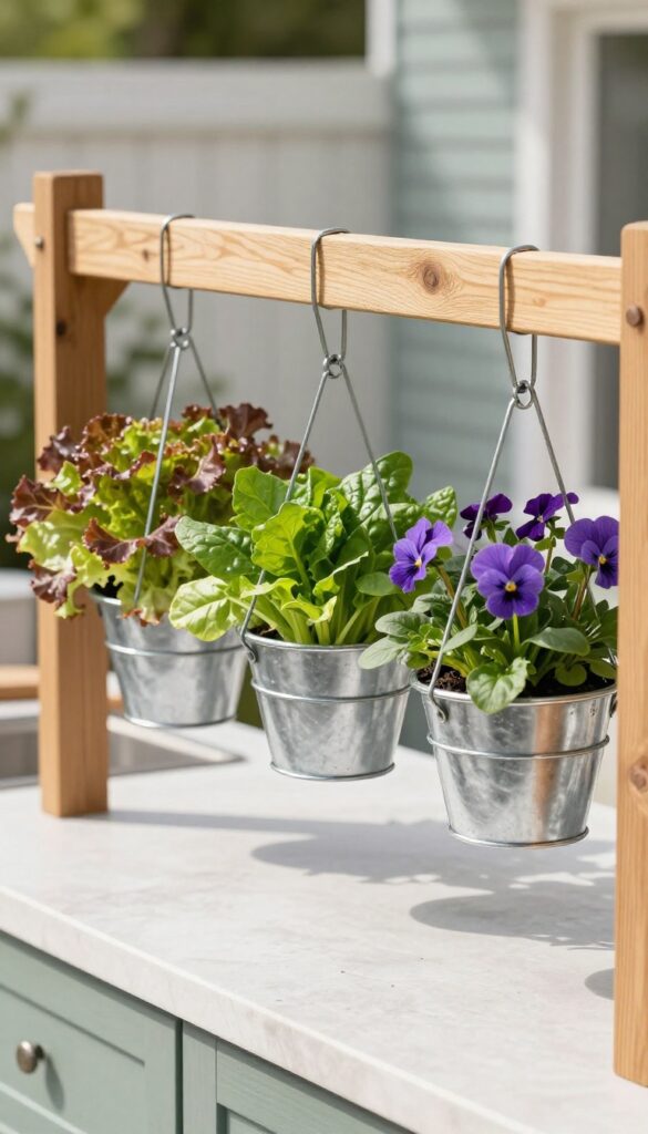 Hanging baskets filled with salad greens and edible flowers on a pergola beam above an outdoor kitchen counter.
