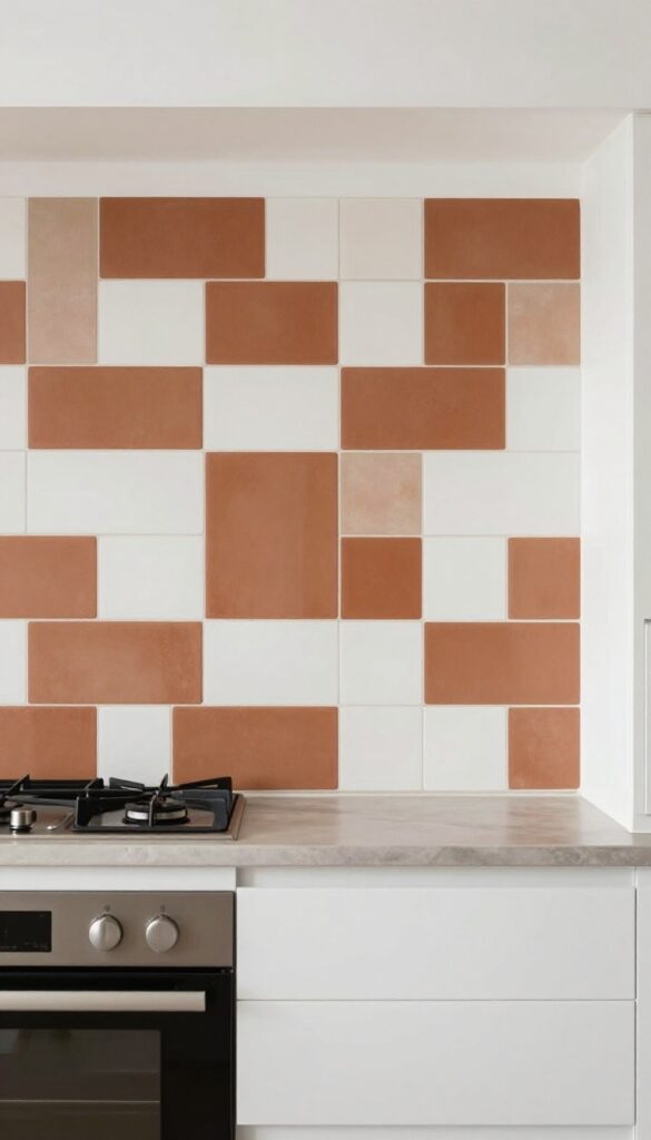 Modern kitchen with a single row of patterned block backsplash behind the stove