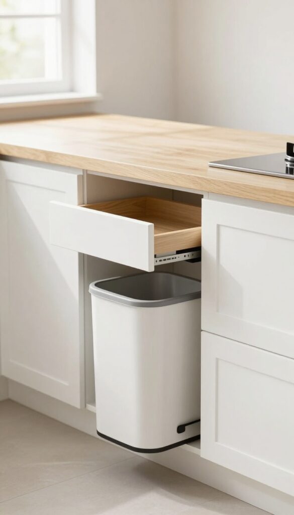 Built-in pull-out trash drawer in a kitchen island