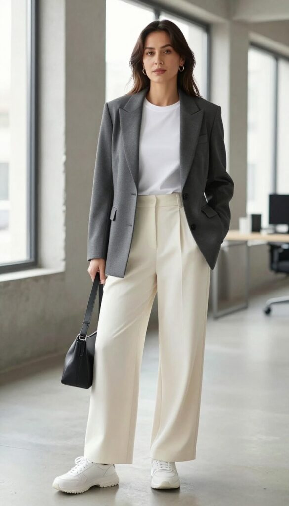 Woman wearing charcoal tailored vest, cream wide-leg trousers, white chunky sneakers, and black crossbody bag in a bright minimalist office setting.
