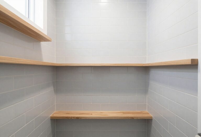 Modern bathroom shower with gray subway tiles, wood shelves, and minimalist decor in a bright, timeless setting.