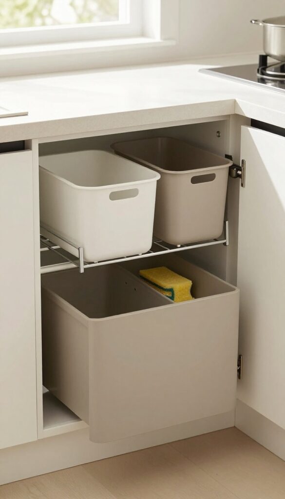 Under-sink cabinet with sliding drawer system for trash and recycling, featuring two neutral bins and a pull-out shelf for cleaning supplies