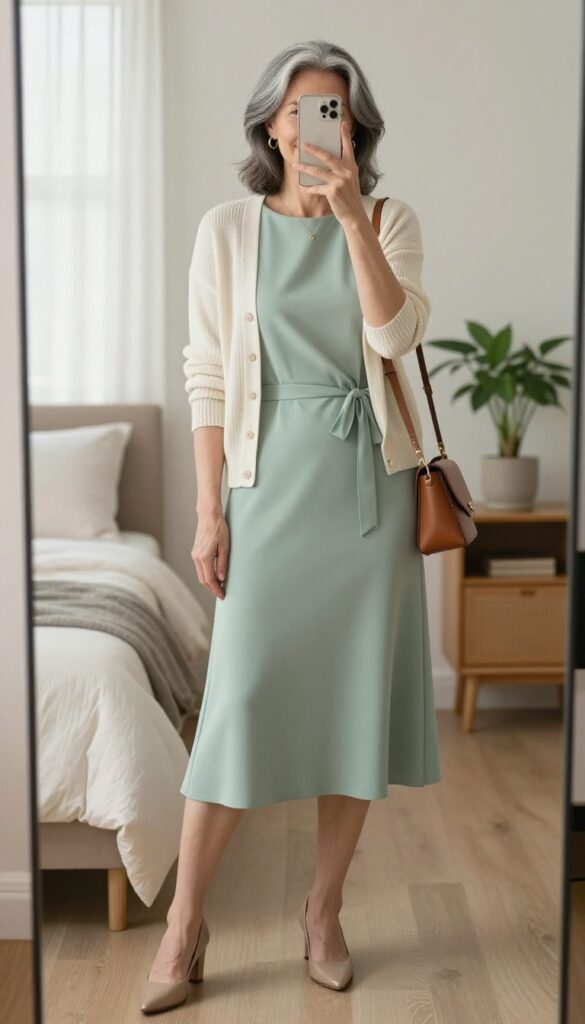 A mature woman in a sage green midi dress and cream cardigan poses in front of a mirror, holding her phone as if taking a selfie. She wears nude heels and a crossbody bag, with soft natural light illuminating the scene.