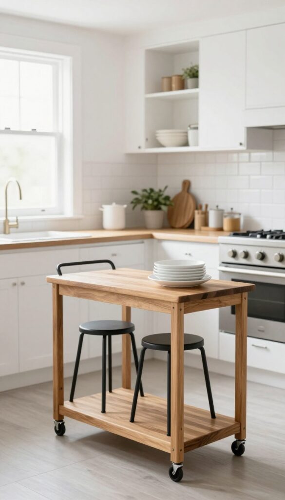 A kitchen with a rolling cart island and two black stools, bright natural light, clean and welcoming.
