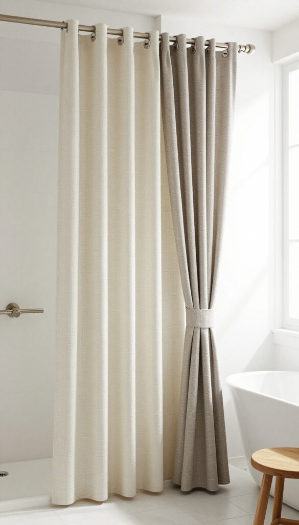 A bathroom shower area featuring double curtain rods with layered curtains in neutral tones, creating a luxurious and custom look under bright natural light.