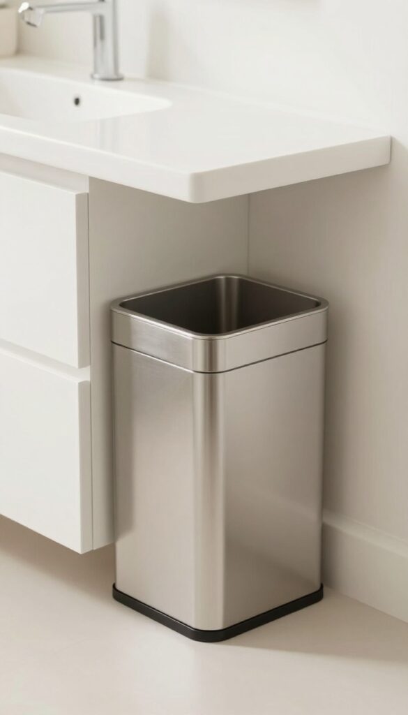 A slim slide-in trash can discreetly placed under a bathroom vanity to save floor space and maintain a clean look.