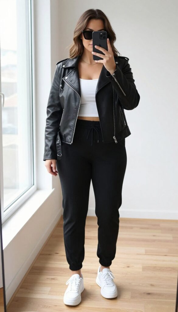 Plus-size woman in a mirror selfie wearing a black biker jacket, white crop top, black joggers, and chunky white sneakers, with statement sunglasses, in a bright modern room.