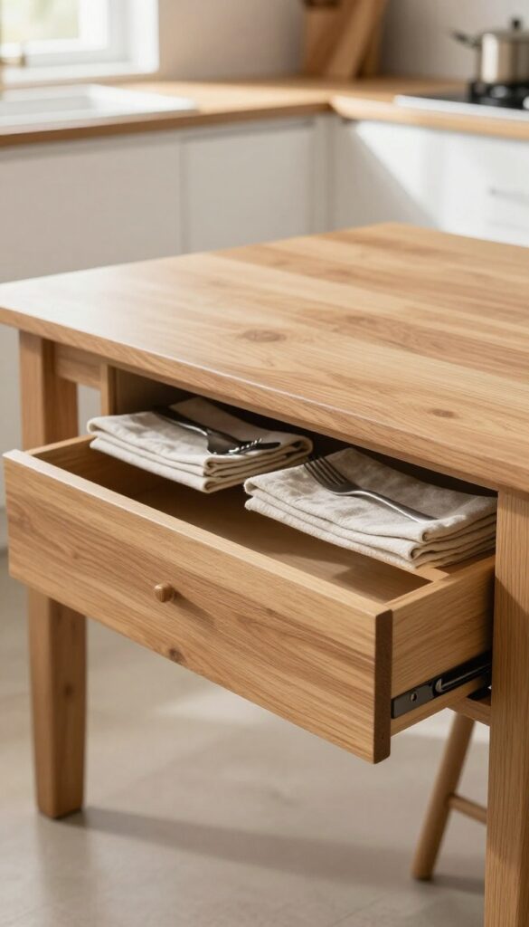 Under-table drawers holding flatware and napkins in a bright eat-in kitchen