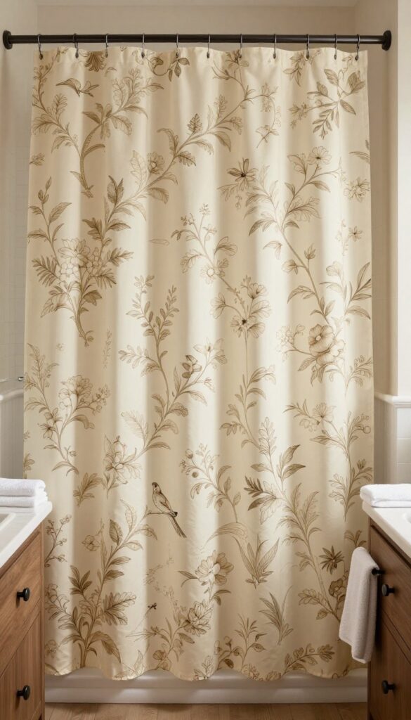 Cozy bathroom with floral chinoiserie shower curtain, warm wood tones, and dark vanity