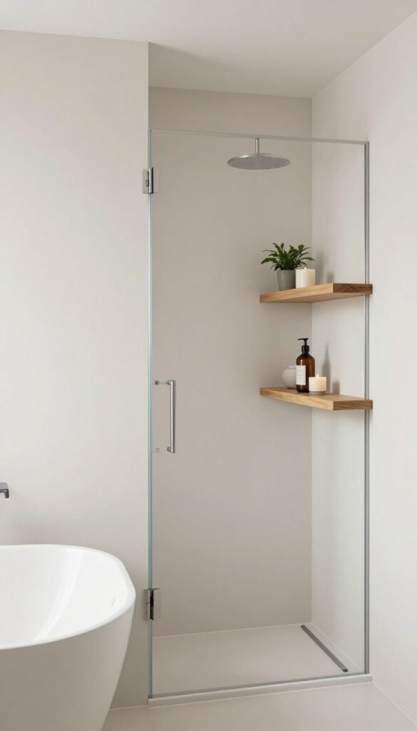 A photorealistic image of floating shelves in a small bathroom with a shower over bath setup. The shelves display a plant, candle, and decorative bottle in bright natural light.