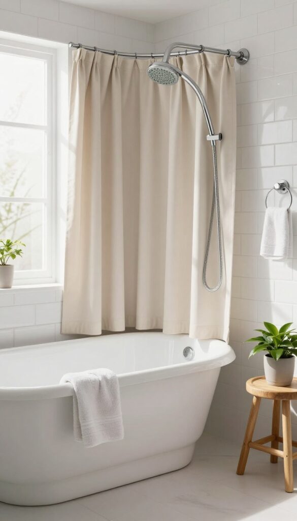Small bathroom with curved shower rod and fabric curtain creating extra elbow room
