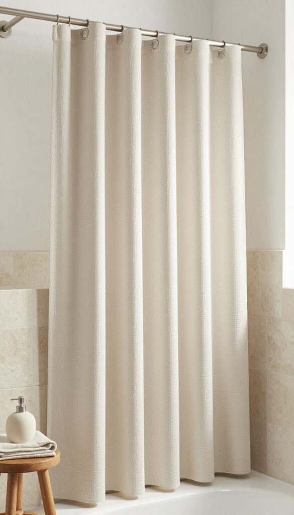 Elegant waffle weave shower curtain in taupe with textured grid pattern, natural light, stone tiles and wooden accents.