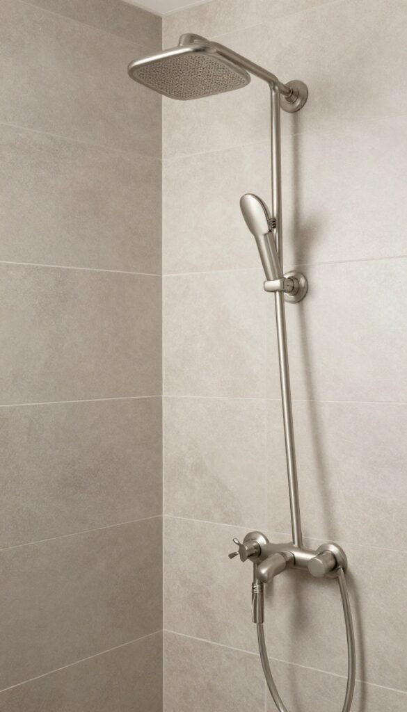 A cozy bathroom shower featuring textured tiles in earthy tones with brushed nickel fixtures, designed to create a warm and inviting vibe without any text or clutter.