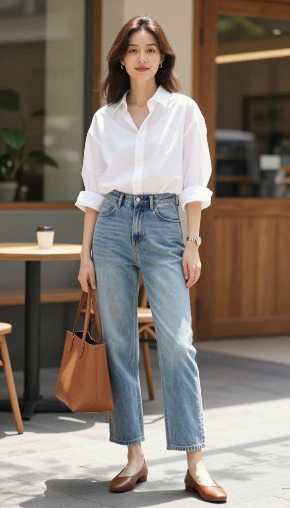 Woman wearing white button-down shirt half-tucked into high-waisted light blue mom jeans, brown ballet flats, and tan leather tote. Standing on sunny sidewalk, looking relaxed and polished.