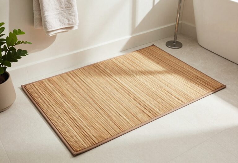 Stylish bathroom with a comfortable shower mat, showcasing natural textures and decor for a cozy, polished look.